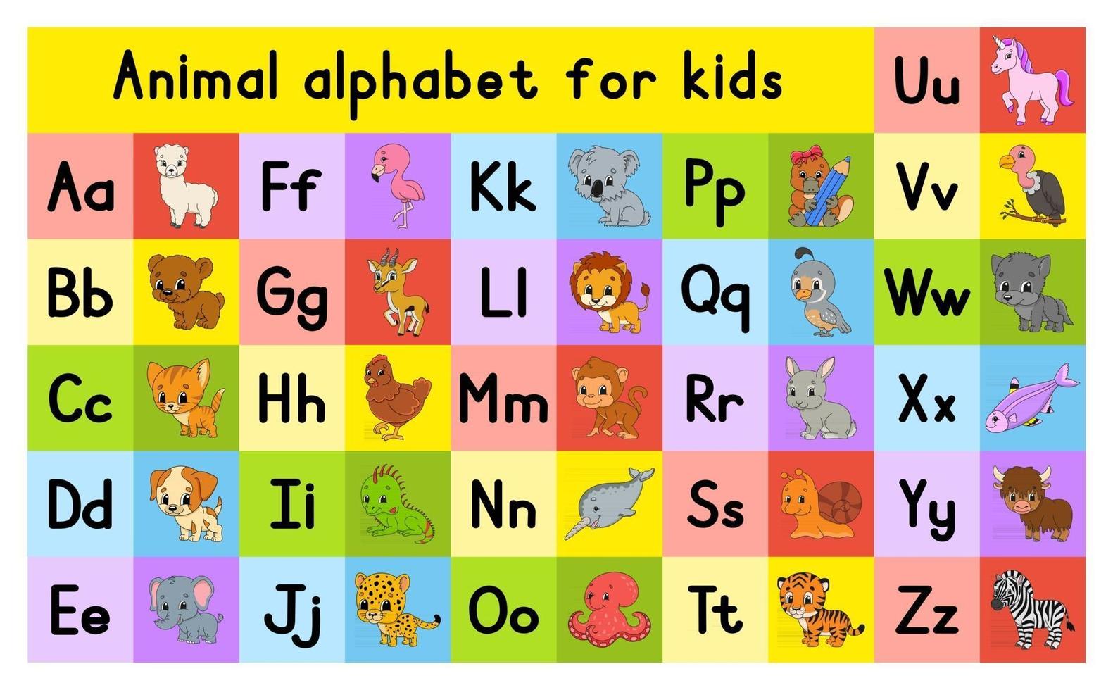 alphabet anglais avec des personnages de dessins animés. ensemble de vecteurs. style de couleur vive. apprendre abc. lettres minuscules et majuscules. vecteur