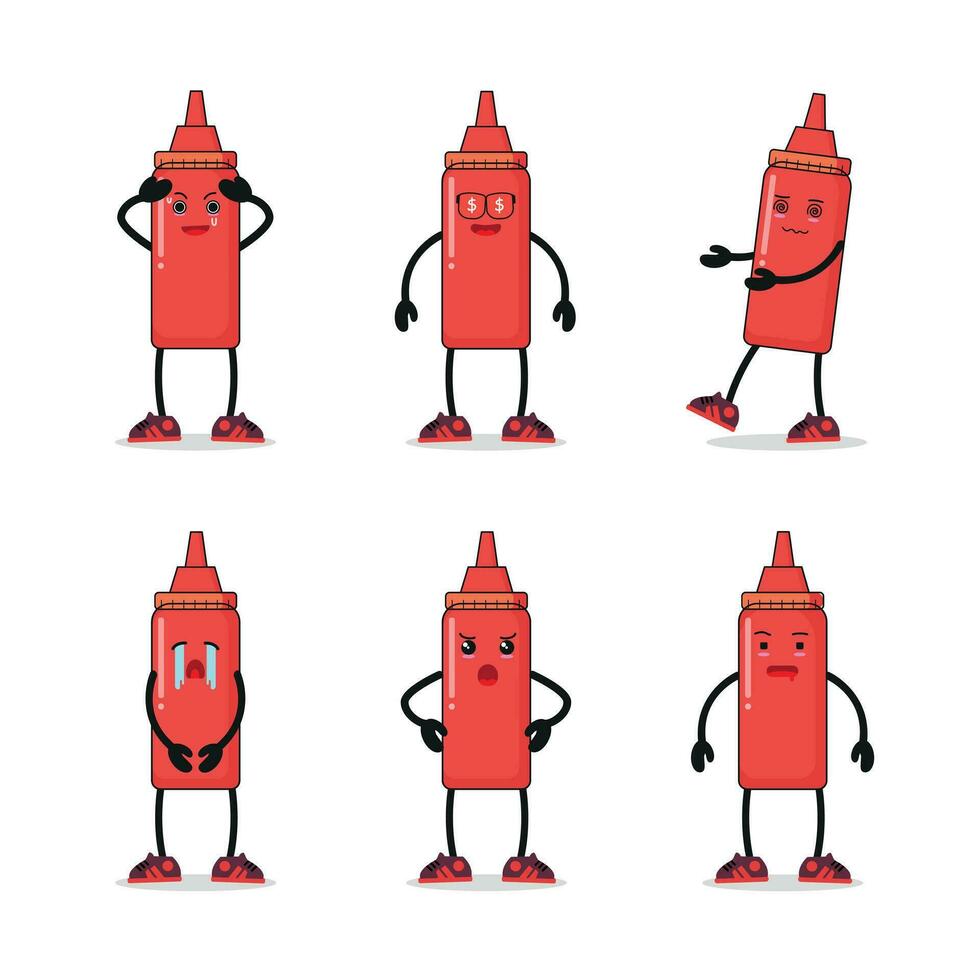 mignonne content tomate sauce bouteille personnage différent pose activité. tomate sauce différent visage expression vecteur illustration ensemble.