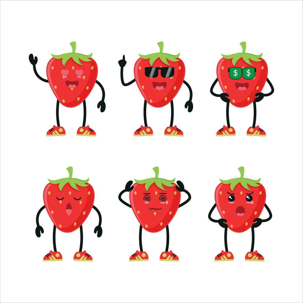 mignonne content fraise porter des lunettes de soleil différent pose activité. marrant fruit différent visage expression vecteur illustration ensemble.