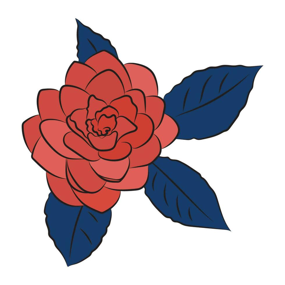 camélia fleur rouge et bleu un bourgeon. luxuriant bourgeon isolé sur blanc Contexte. ligne art Facile botanique, pour mariage cartes, invitations vecteur