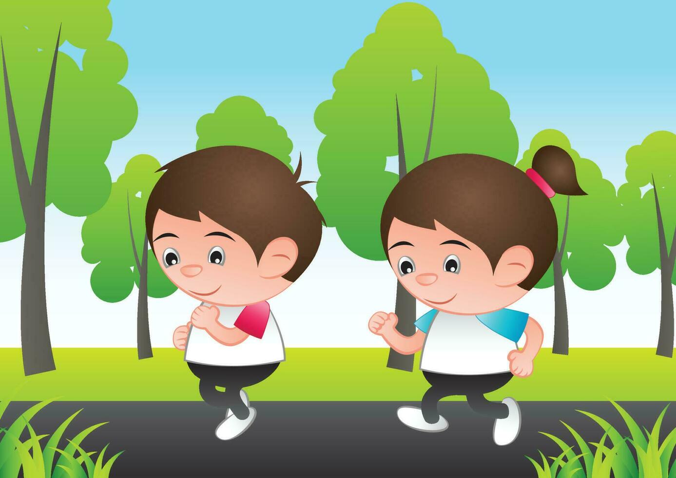 bulle tête garçon et fille dessin animé le jogging courir à ville la nature arrière-plan, vecteur illustration