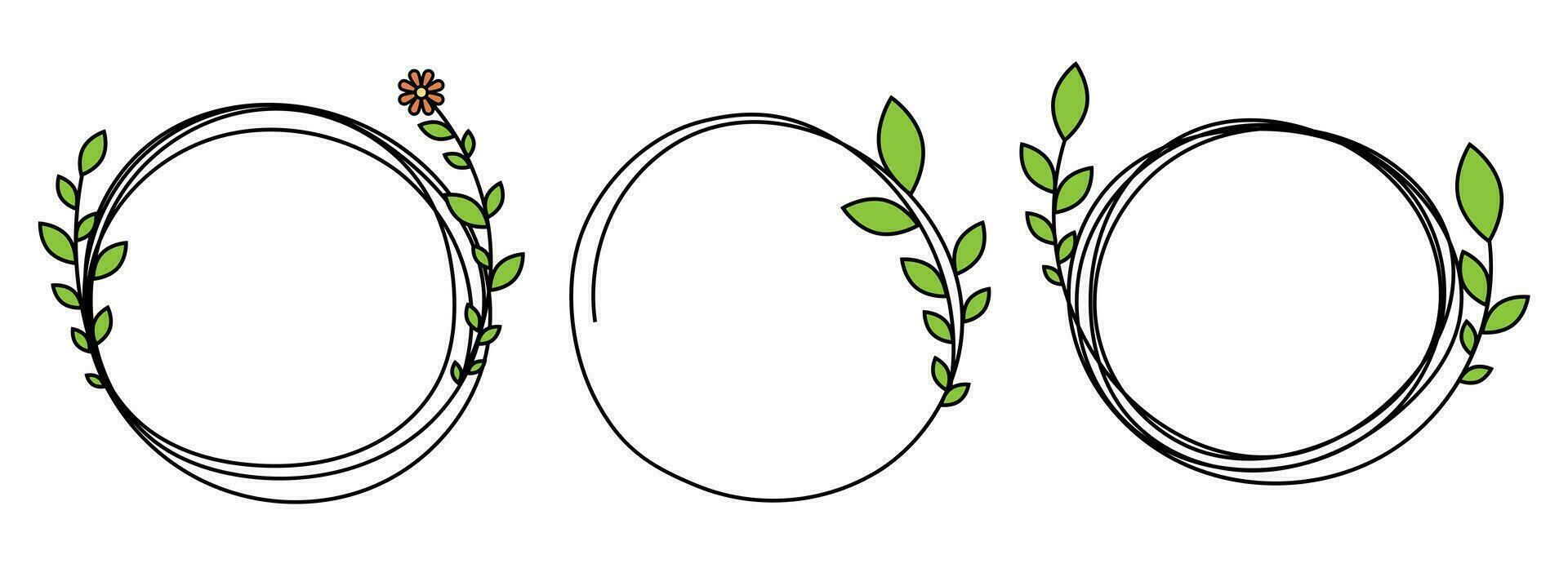 main tiré cercle Cadre décoration élément avec feuilles et fleurs agrafe art vecteur