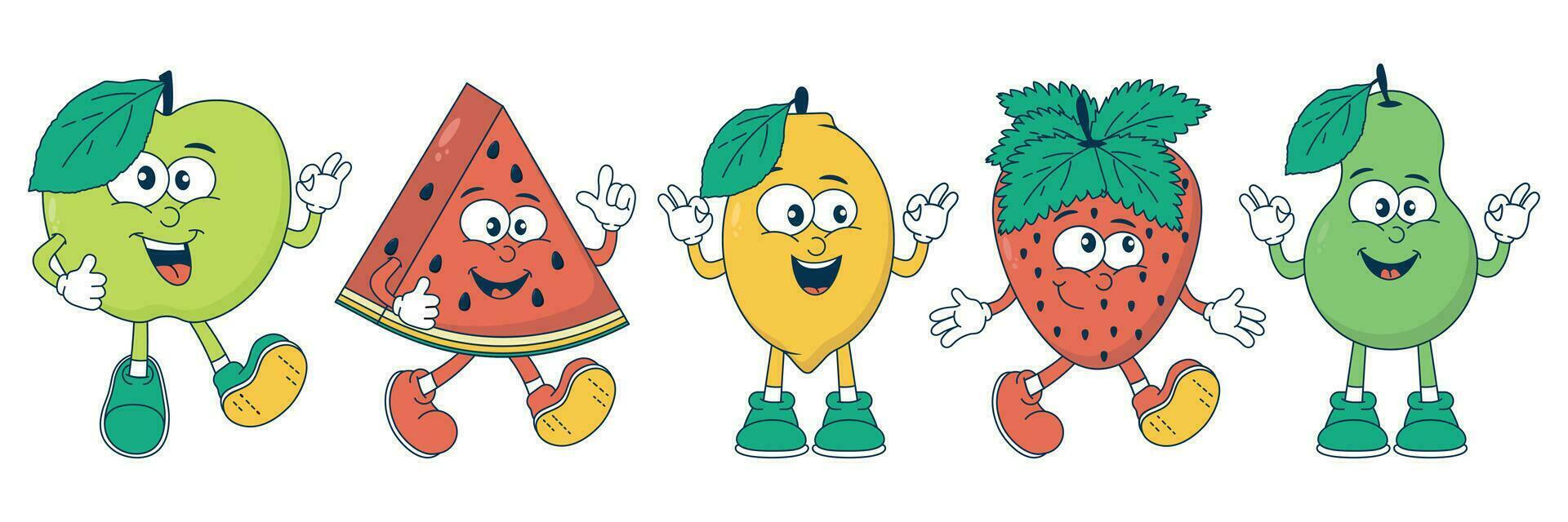 fruit rétro dessin animé personnages pomme, poire, fraise, pastèque, citron dans froussard style. bande dessinée mascotte avec une content affronter, bras et jambes. juteux, brillant vecteur autocollant dans Années 90 style.