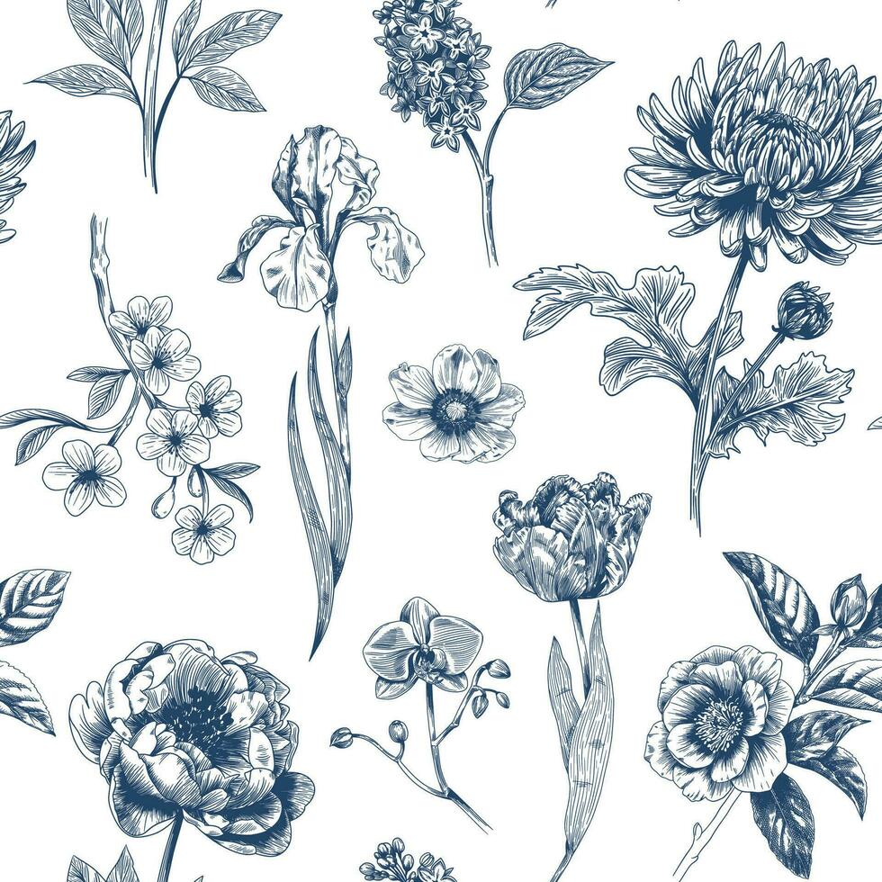 abstrait moderne floral sans couture modèle avec main tiré fleur dans toile de jouy style. rétro élégance répéter imprimer. ancien conception pour tissu, fond d'écran ou emballage vecteur