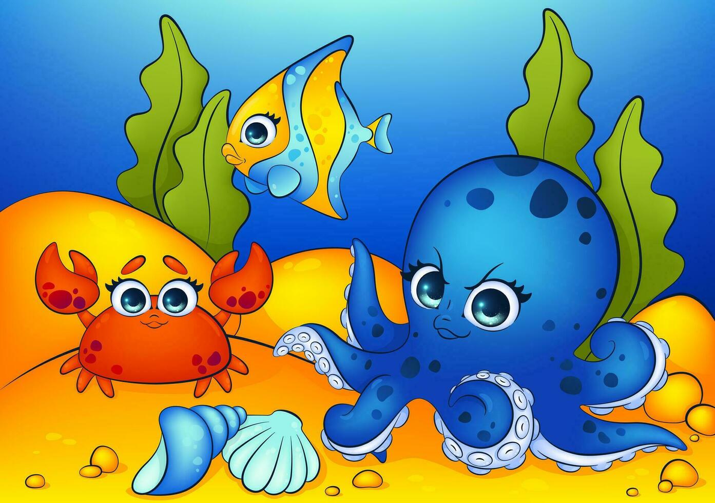 coloré vecteur illustration de une mignonne sous-marin monde avec pieuvre, poisson, et Crabe personnages dans une espiègle dessin animé style