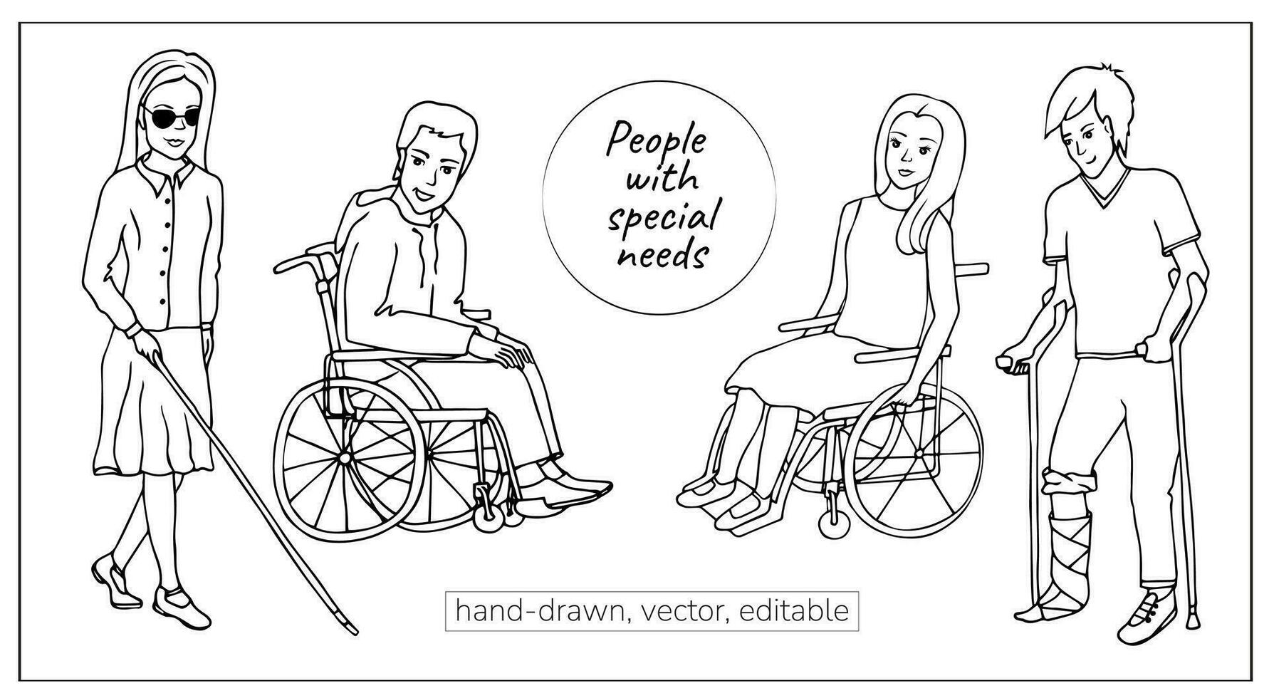 dessiné à la main griffonnage ensemble. gens avec spécial besoins, dans une fauteuil roulant, aveugle, pauvres vue, cassé jambe vecteur