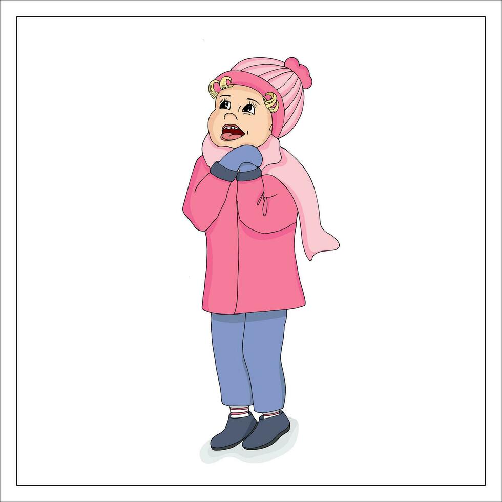 main tiré fille dans une hiver manteau.coloré illustration de une peu fille regards en haut dans admiration. souriant bébé fille dans hiver vêtements. vecteur