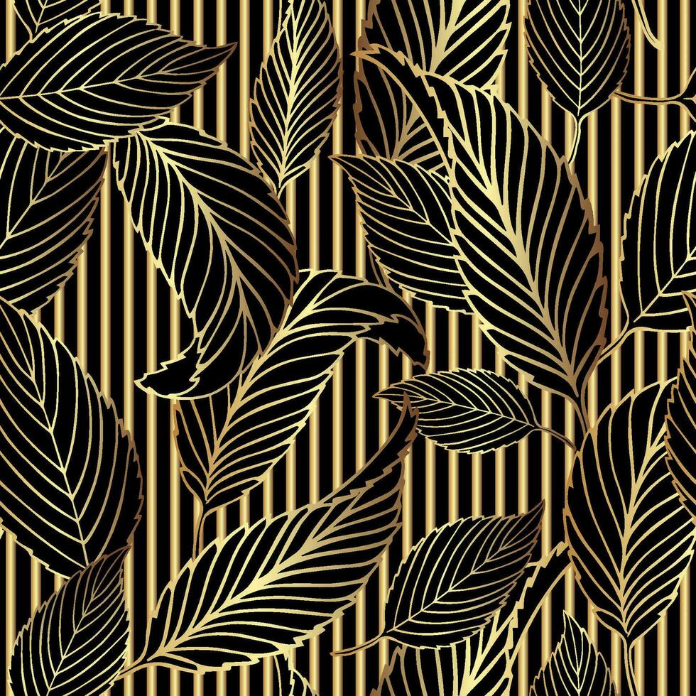 art déco ancien sans couture modèle avec mélanger de d'or rayures et linéaire feuilles sur noir Contexte. luxe détaillé ligne art plante et géométrique éléments vecteur