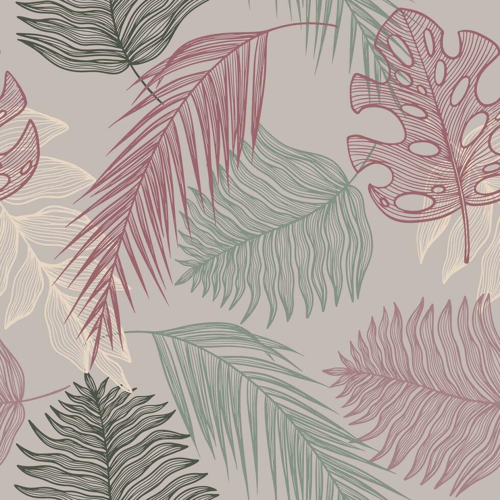 tropical linéaire sans couture modèle avec monstère, paume feuille, fougère, branches sur beige Contexte. ligne art avec différent feuilles vecteur