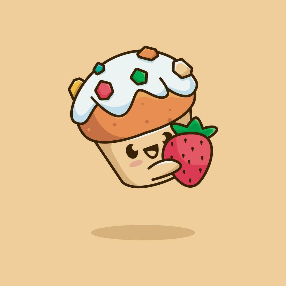 fraise gâteau mignonne personnage logo. vecteur