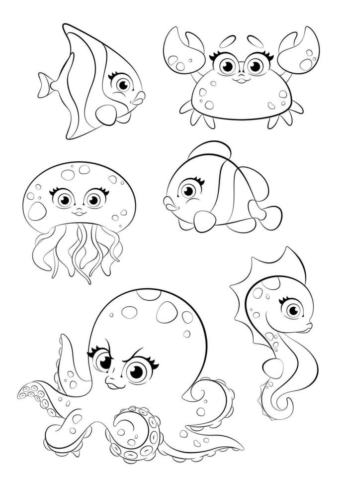 noir ligne art illustration. clipart ensemble de mignonne sous-marin personnages, comprenant pieuvre, méduse, poisson, hippocampe, et crabe, dans une dessin animé style noir ligne art pour enfants coloration et Activités vecteur