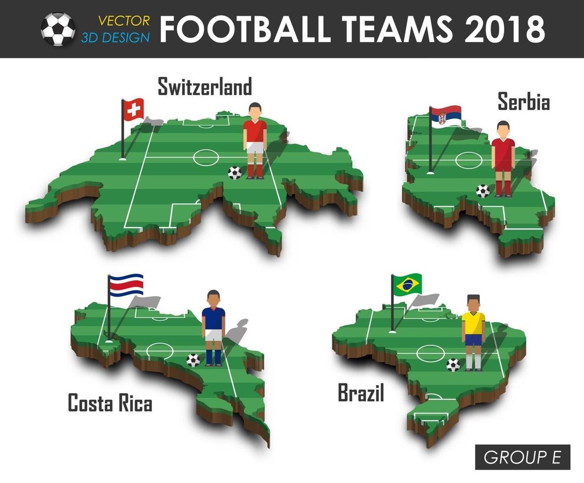 équipes nationales de football 2018 groupe e joueur de football et drapeau sur la carte de pays de conception 3d vecteur de fond isolé pour le concept de tournoi de championnat du monde international 2018