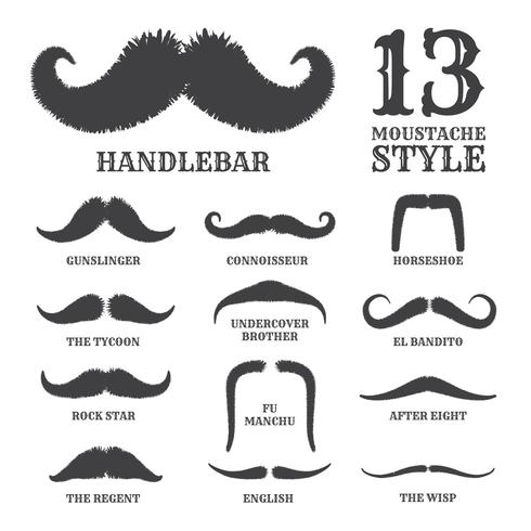 Collection de moustache Silhouette isolée avec nom de style. Vec vecteur