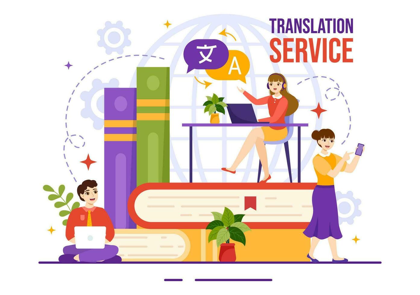 traducteur un service vecteur illustration avec Langue Traduction divers des pays et multilingue en utilisant dictionnaire dans main tiré modèles