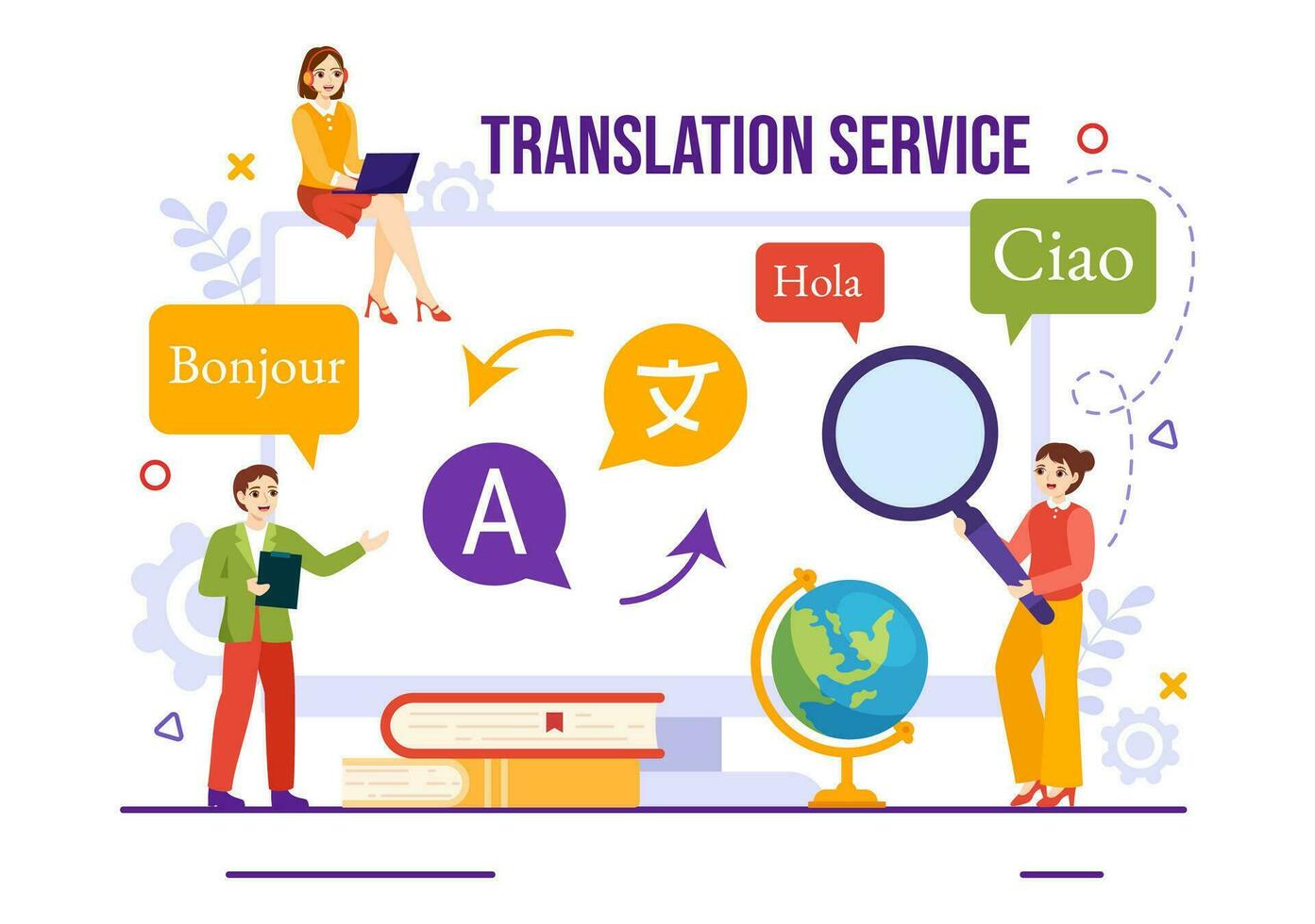 traducteur un service vecteur illustration avec Langue Traduction divers des pays et multilingue en utilisant dictionnaire dans main tiré modèles