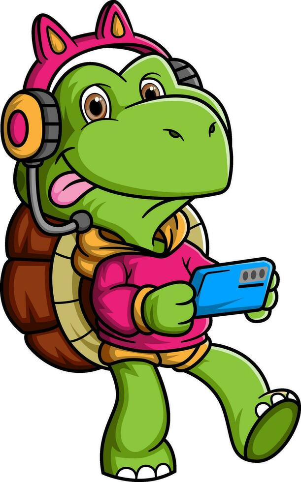 tortue portant jeu écouteurs en portant une téléphone intelligent vecteur
