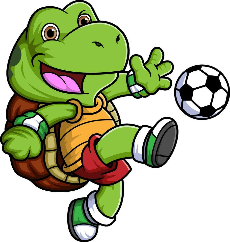 dessin animé peu tortue en jouant football vecteur