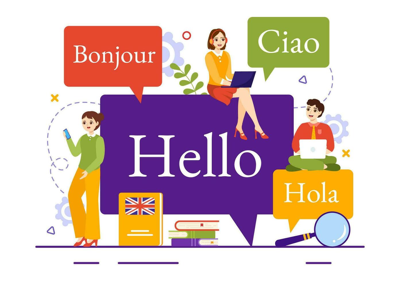 traducteur un service vecteur illustration avec Langue Traduction divers des pays et multilingue en utilisant dictionnaire dans main tiré modèles