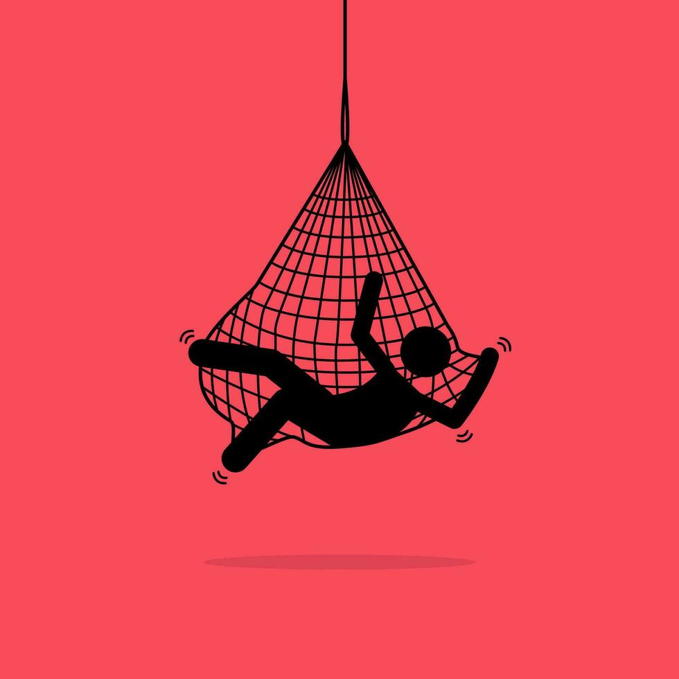 homme pris dans une net piège et accroché en haut. vecteur illustration dépeint concept de piège, emmêlé, problème, sans espoir, restreint, trompé, crise, et empêtré.