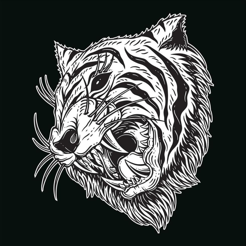 foncé art tigre tête effrayant en colère bête mascotte noir et blanc main tiré illustration vecteur