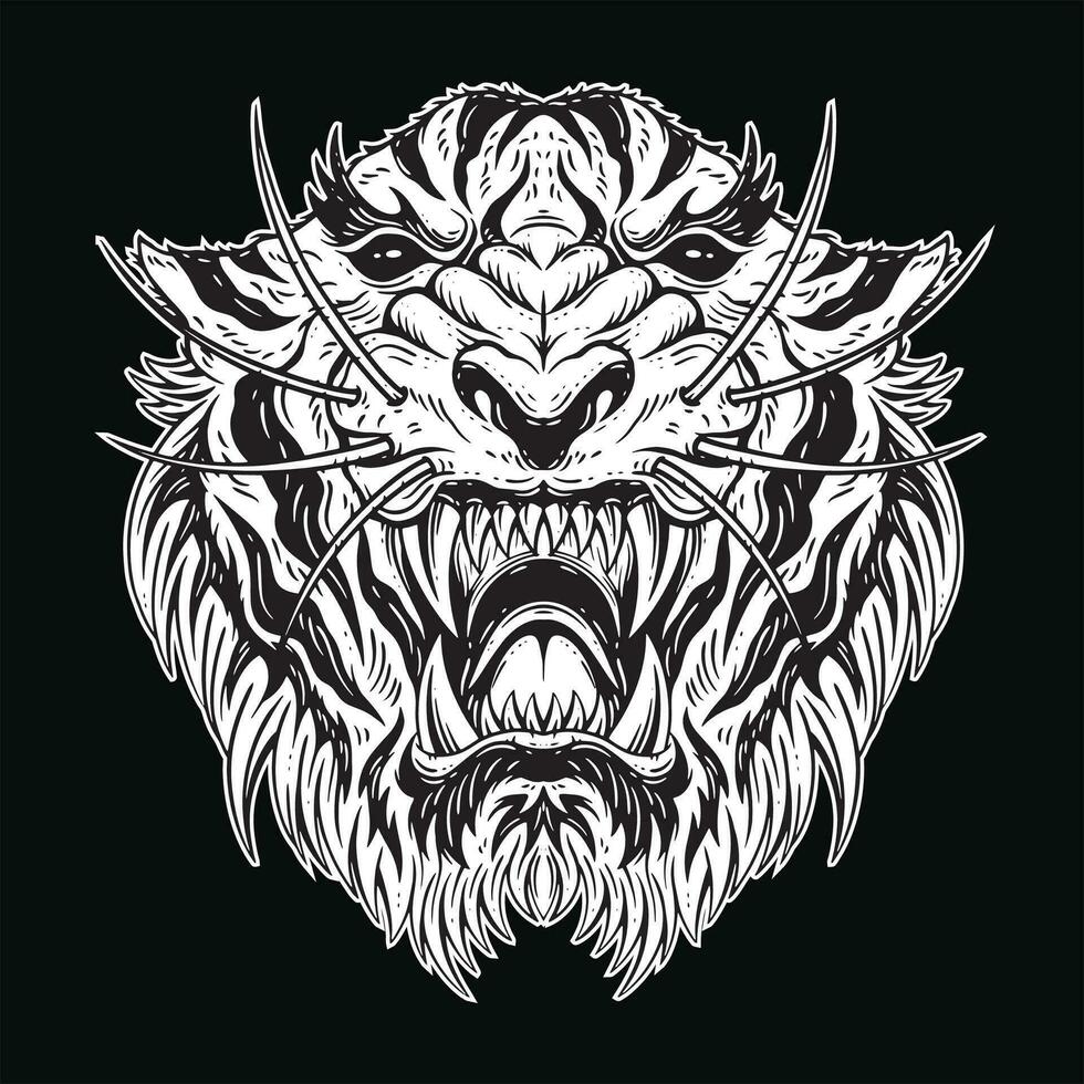 foncé art tigre tête effrayant en colère bête mascotte noir et blanc main tiré illustration vecteur