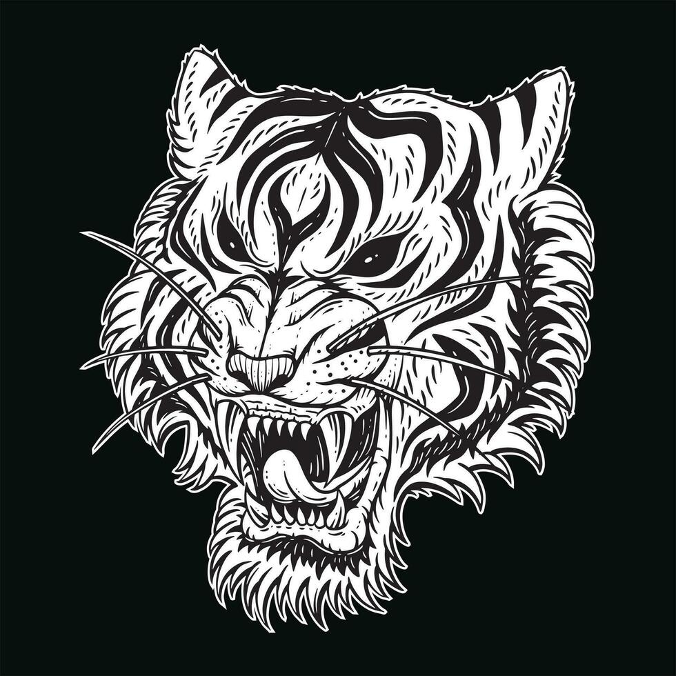 foncé art tigre tête effrayant en colère bête mascotte noir et blanc main tiré illustration vecteur