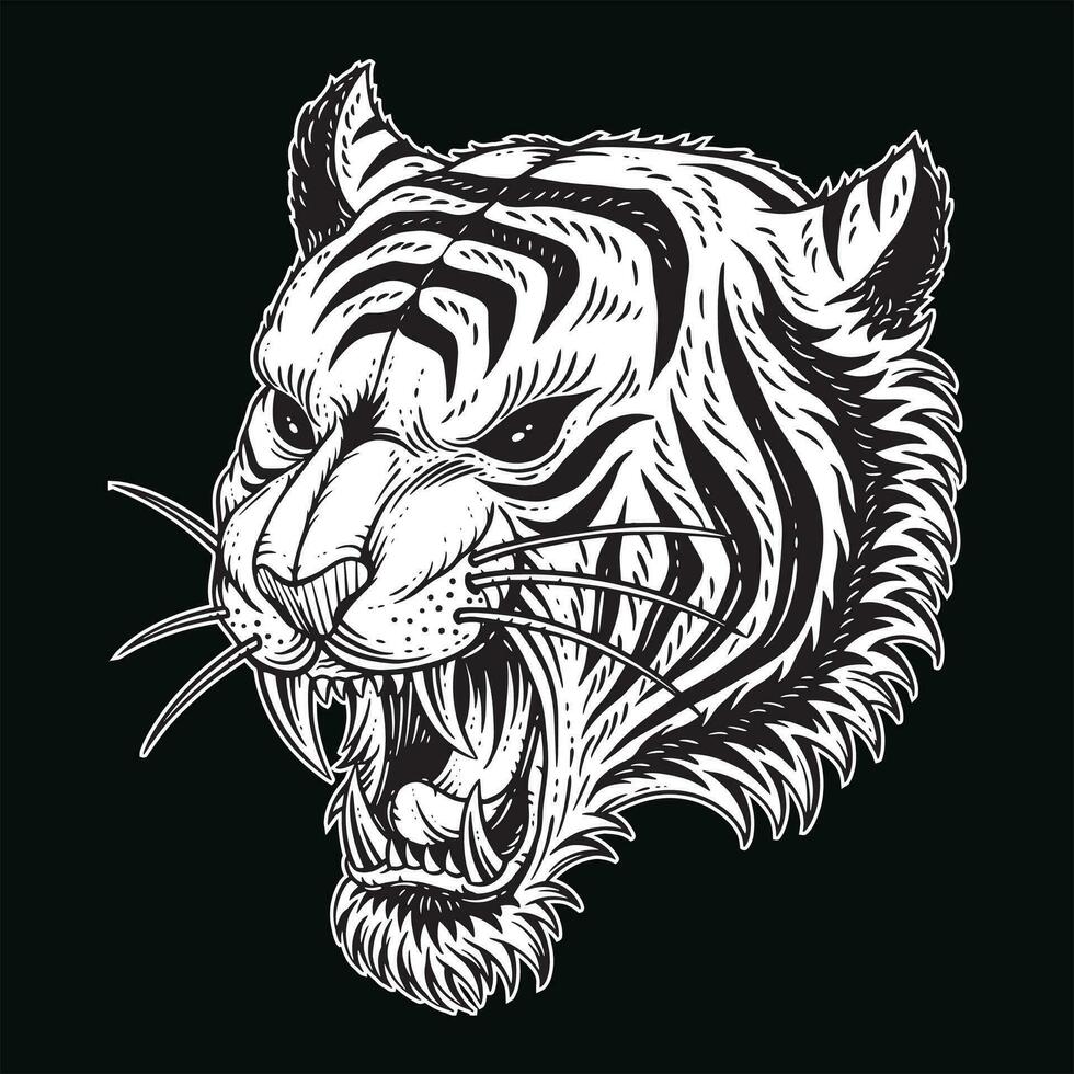 tigre tête en colère bête rugissement crocs pour tatouage Vêtements noir et blanc main tiré illustration vecteur