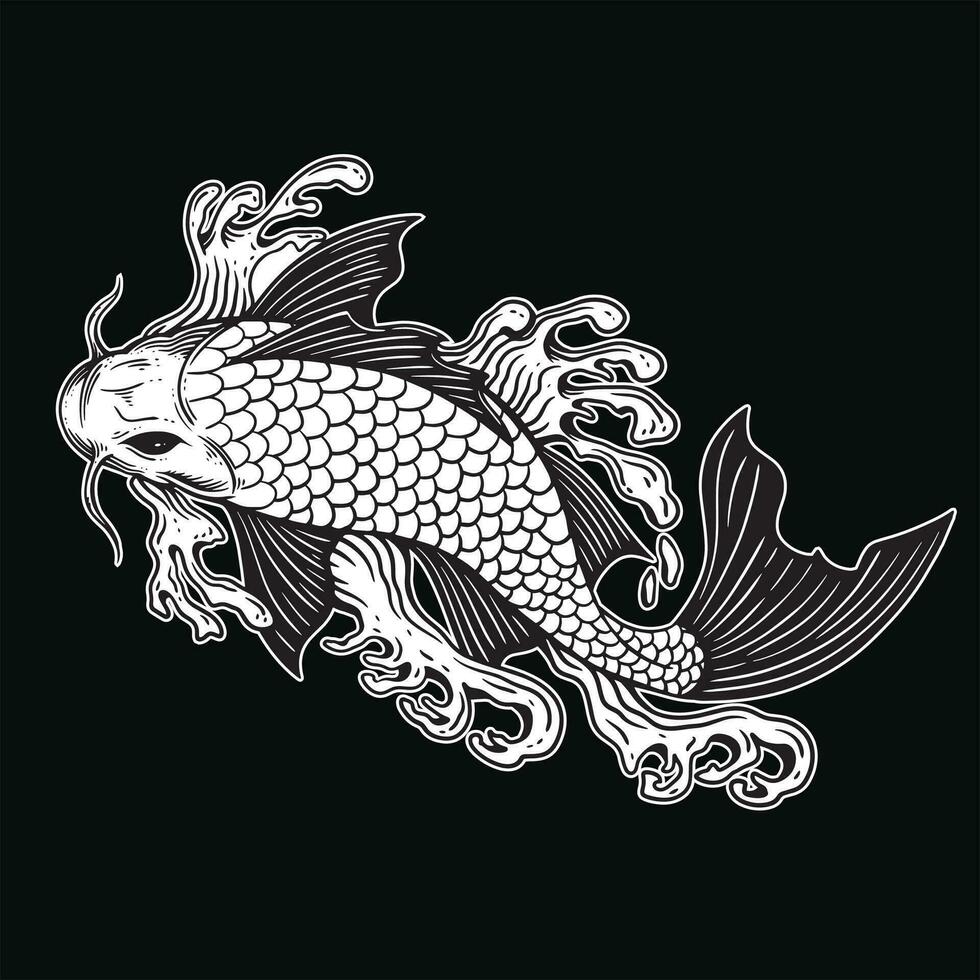main tiré koi poisson aquatique noir blanc ancien foncé art pour tatouage et Vêtements illustration vecteur