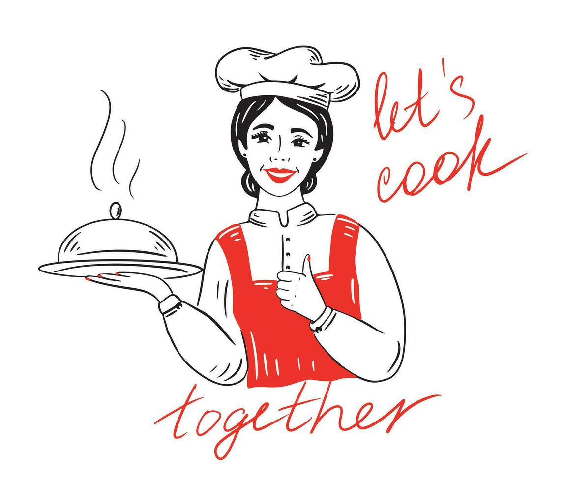 souriant chef cuisinier fille en portant une plat dans sa mains et offre à cuisinier ensemble.vecteur illustration. vecteur