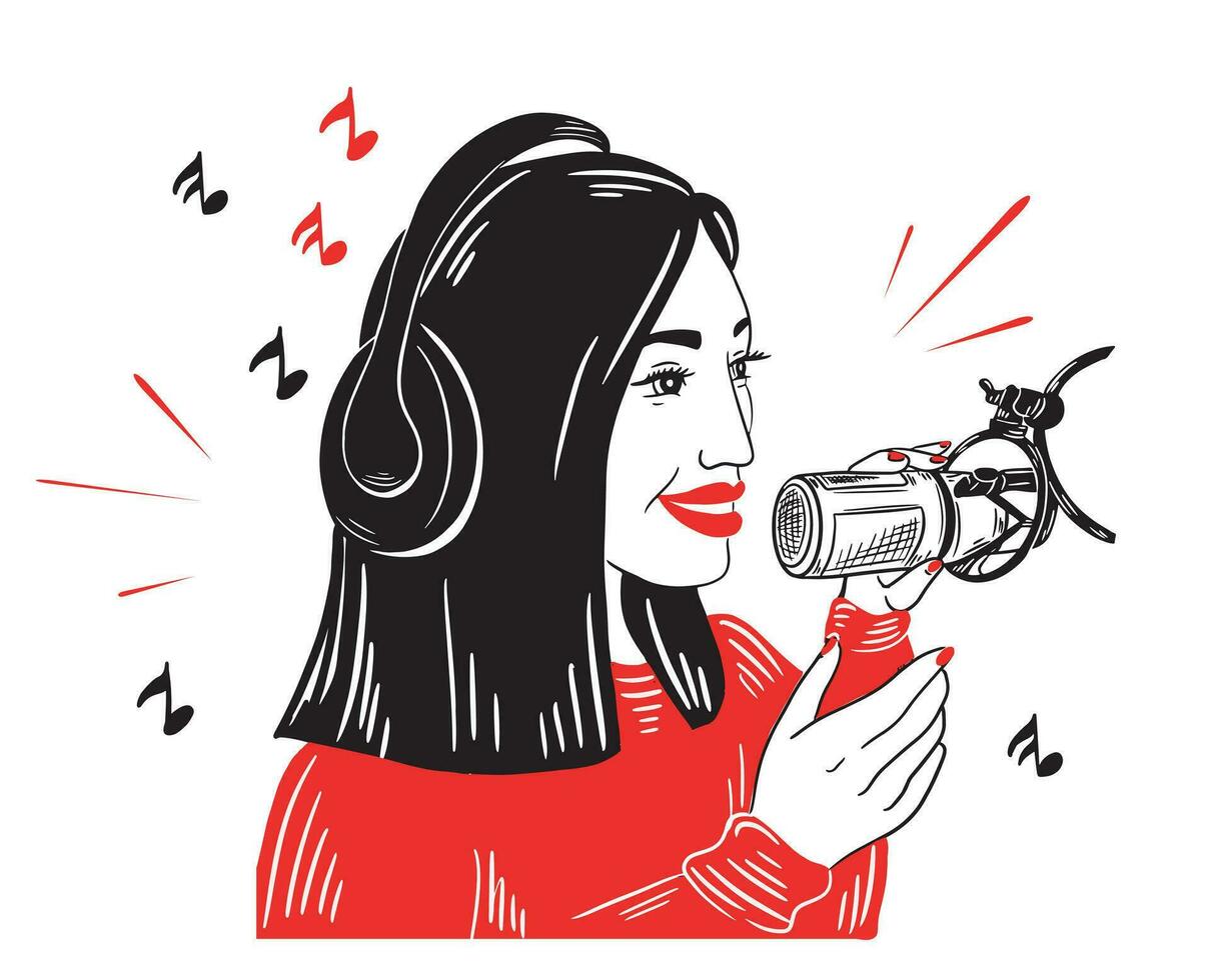 fille femme personnage youtuber Podcast avec micro et casque de musique logo.vecteur illustration. vecteur