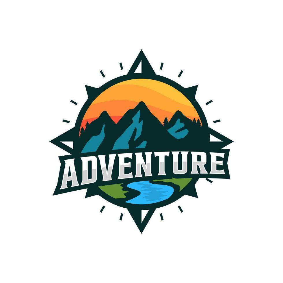 aventure logo avec Montagne et boussole conception vecteur illustration modèle