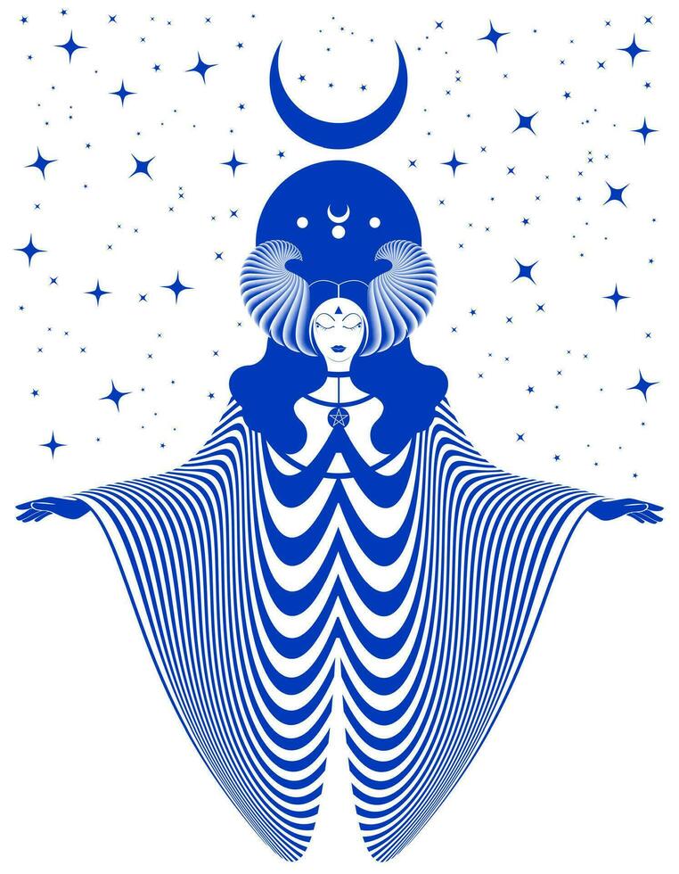 magique celtique déesse, prêtresse. magnifique Fée femme avec cornes et longue robe. gothique sorcière wiccan femelle sacré conception, la magie lune. vecteur isolé sur étoilé bleu Contexte dans art déco style