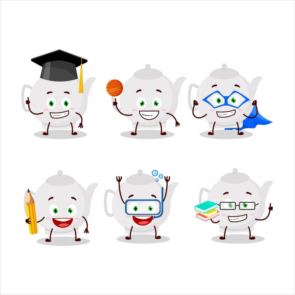 école étudiant de céramique théière dessin animé personnage avec divers expressions vecteur