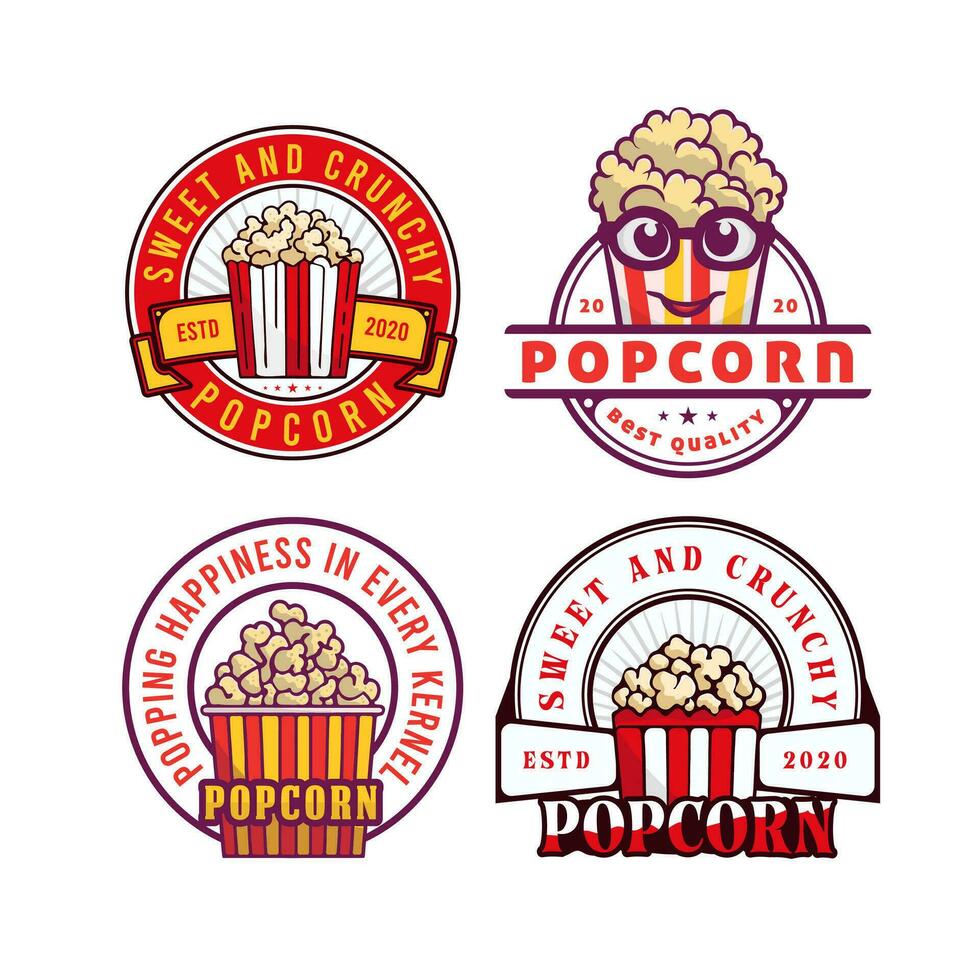 ensemble de pop corn magasin logo badges et Étiquettes. pop corn Étiquettes et badge collectes. vecteur