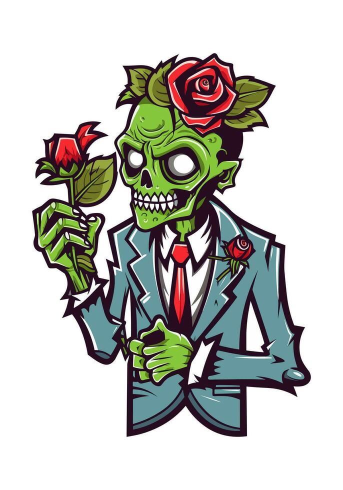 surréaliste et enchanteur, cette illustration dépeint le inattendu mélange de romance et le Mort-vivant, avec zombi les amoureux entouré par vibrant des roses vecteur