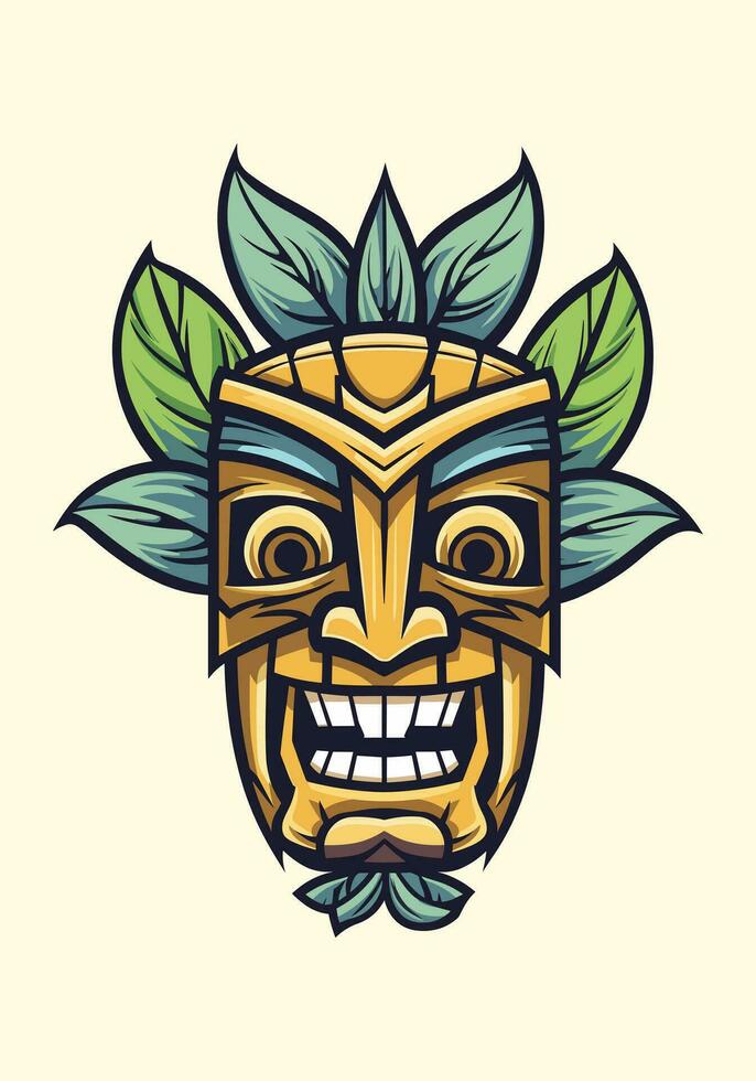 en bois tiki masque tribal main tiré logo conception illustration vecteur