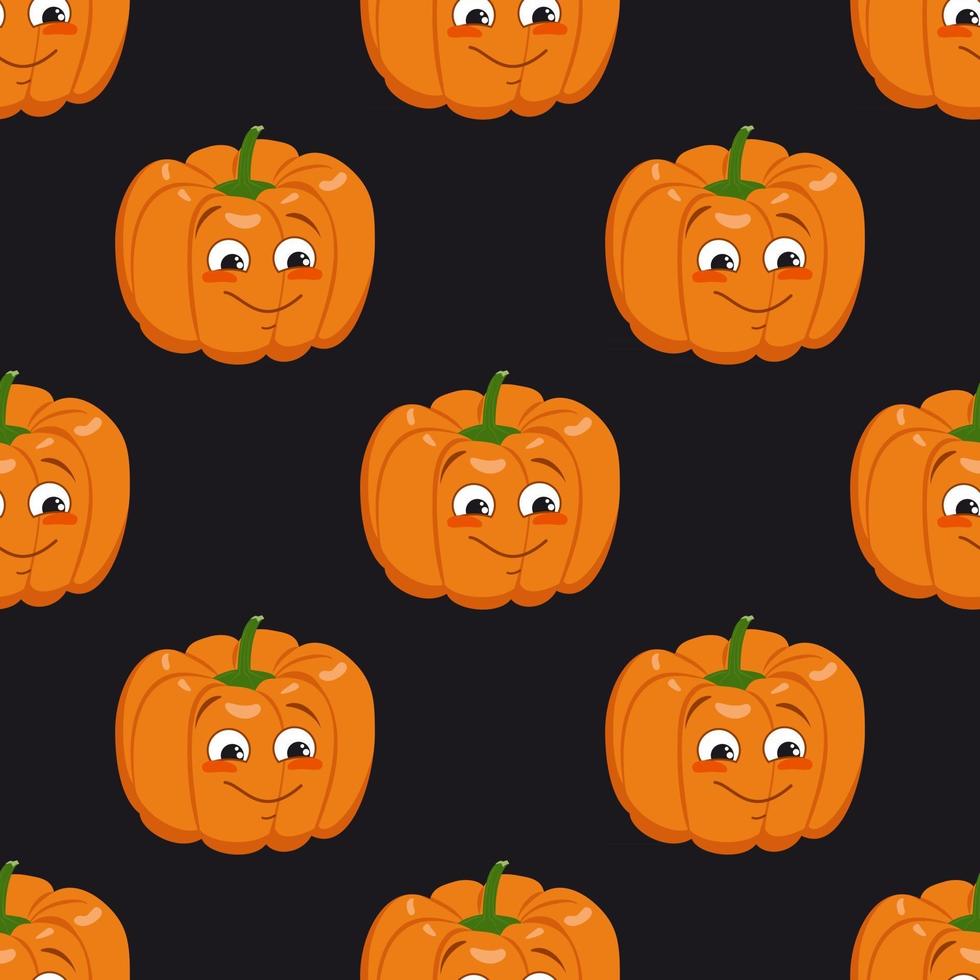 joli motif sombre et transparent avec citrouilles, visage et sourire. décoration de fête d'halloween. imprimé végétal avec un sourire narquois. fond festif pour le papier, le textile, les vacances et le design. vecteur