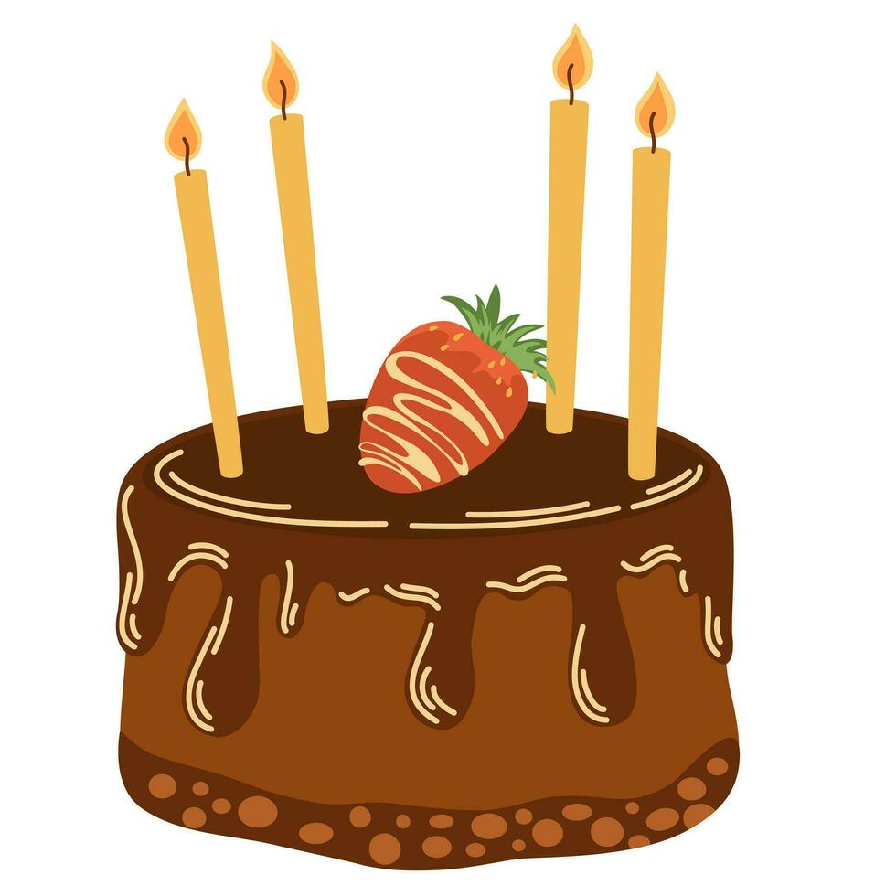 anniversaire gâteau avec bougies. sucré dessert avec en poudre sucre, baies et glaçage. vecteur main dessiner illustration