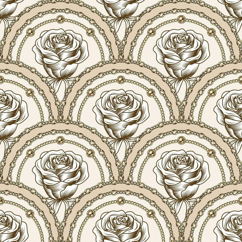 sans couture beige modèle avec squame en forme de grille, or Chaînes, outine des roses. classique géométrique ancien Contexte. vecteur