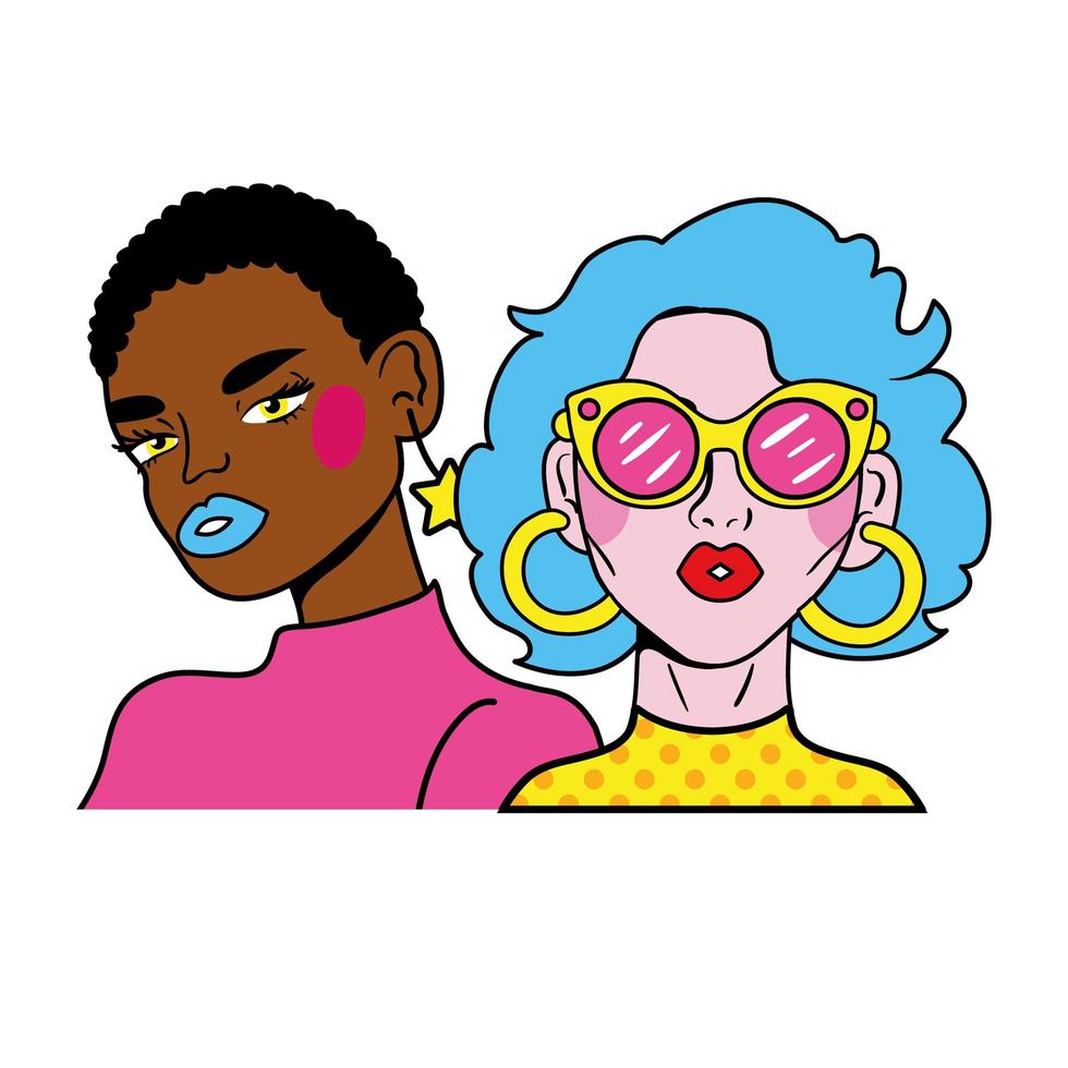 cheveux bleus femme et afro fille couple mode style pop art vecteur