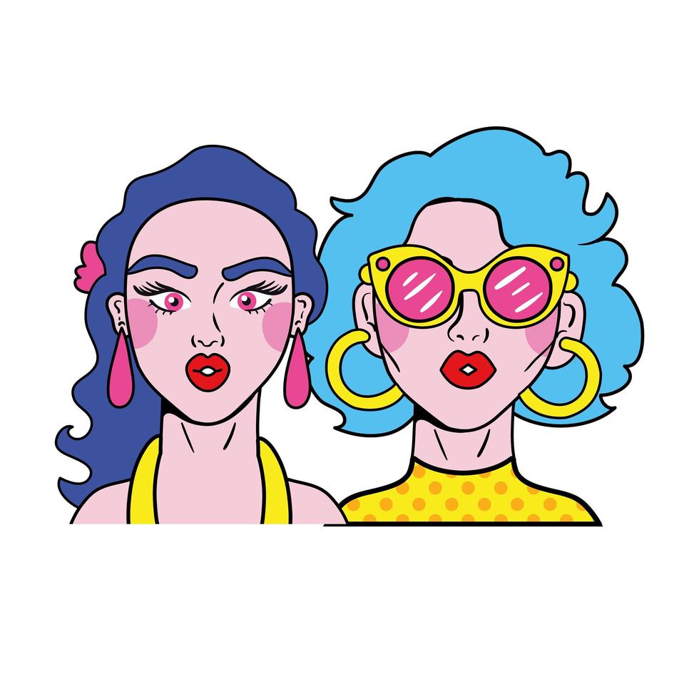 cheveux couleurs filles couple la mode pop art style vecteur