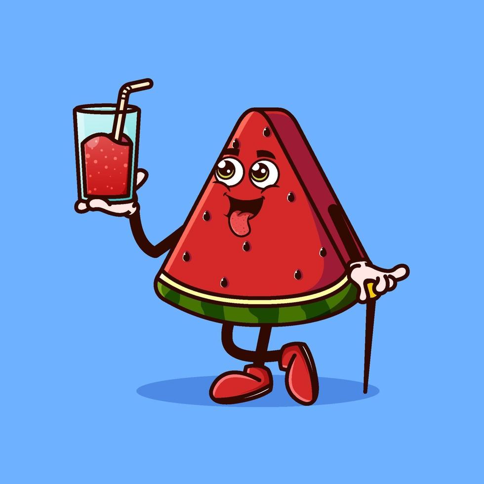 personnage de fruit de pastèque mignon avec du jus de pastèque à portée de main. concept d'icône de caractère de fruits isolé. style cartoon plat vecteur