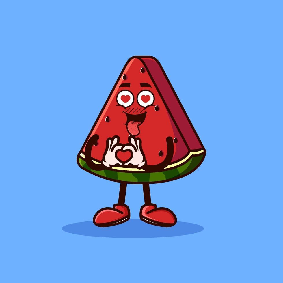 personnage de fruit de pastèque mignon avec emote d'amour. concept d'icône de caractère de fruits isolé. style cartoon plat vecteur