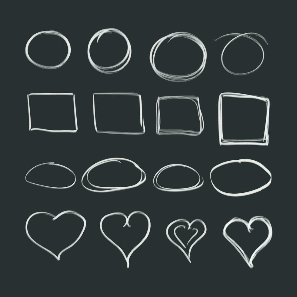 main tiré cercles, carrés et cœurs icône ensemble. collection de crayon esquisser symboles. vecteur illustration sur noir Contexte.