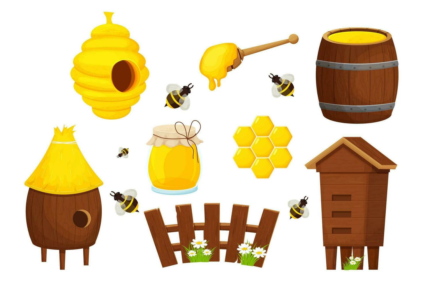 ensemble de différent en bois ruche, mignonne clôture, mon chéri louche, baril et verre pot. apiculture, apiculture vecteur