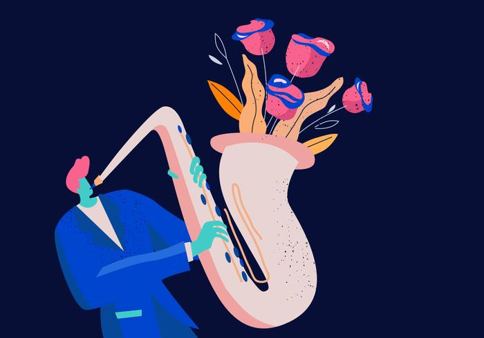 Saxaphone joueur dans un concert de jazz fond plat vecteur