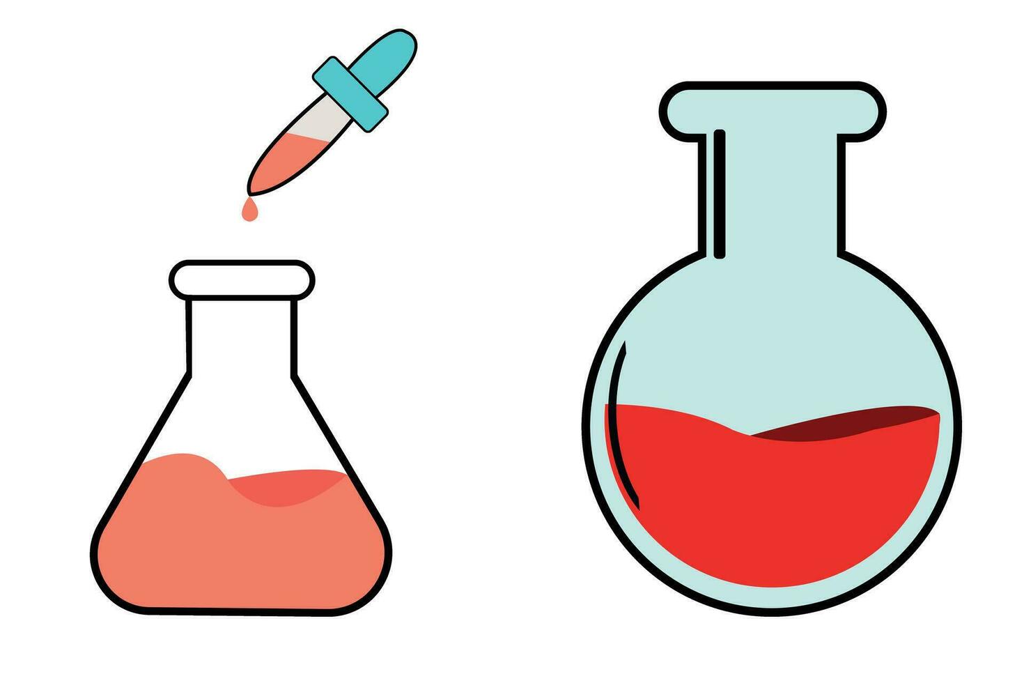 chimique bouteille tester tube icône. chimie verre ballon gobelet avec chimique liquide. laboratoire tester récipient potion icône appareil micropipette. laboratoire verrerie compte-gouttes Fiole et ampoule science équipement vecteur