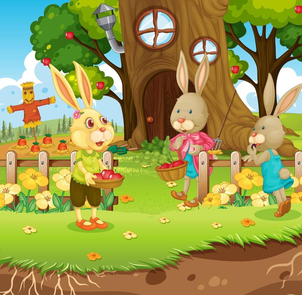 scène en plein air avec une famille heureuse de lapins dans le jardin vecteur