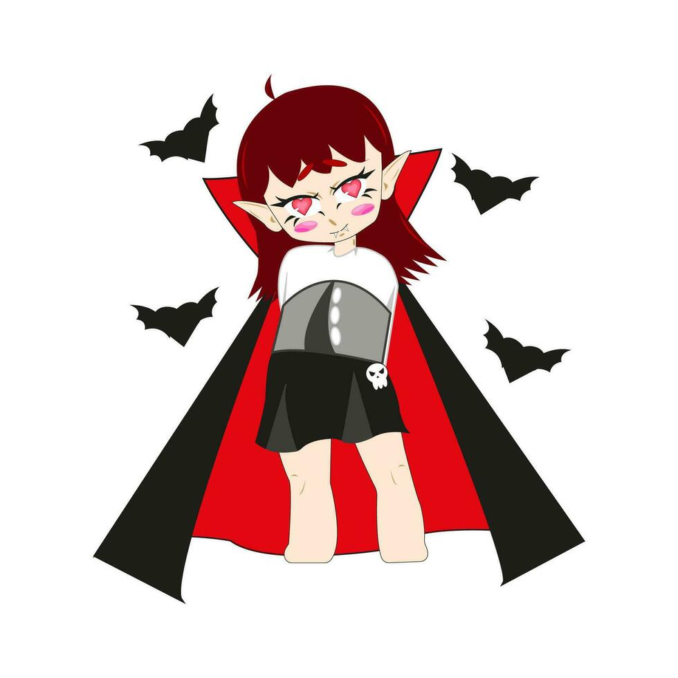 mignonne vampire anime fille dans l'amour. dessin animé Halloween icône, agréable Dame dans vampire costume isolé sur blanche. vecteur illustration conception.