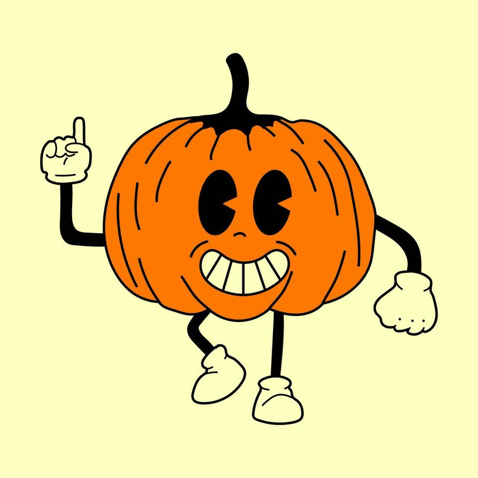 citrouille 30s dessin animé mascotte personnage 40 ans, 50 ans, Années 60 vieux animation style. dessin animé de bonne humeur Halloween mascotte vecteur